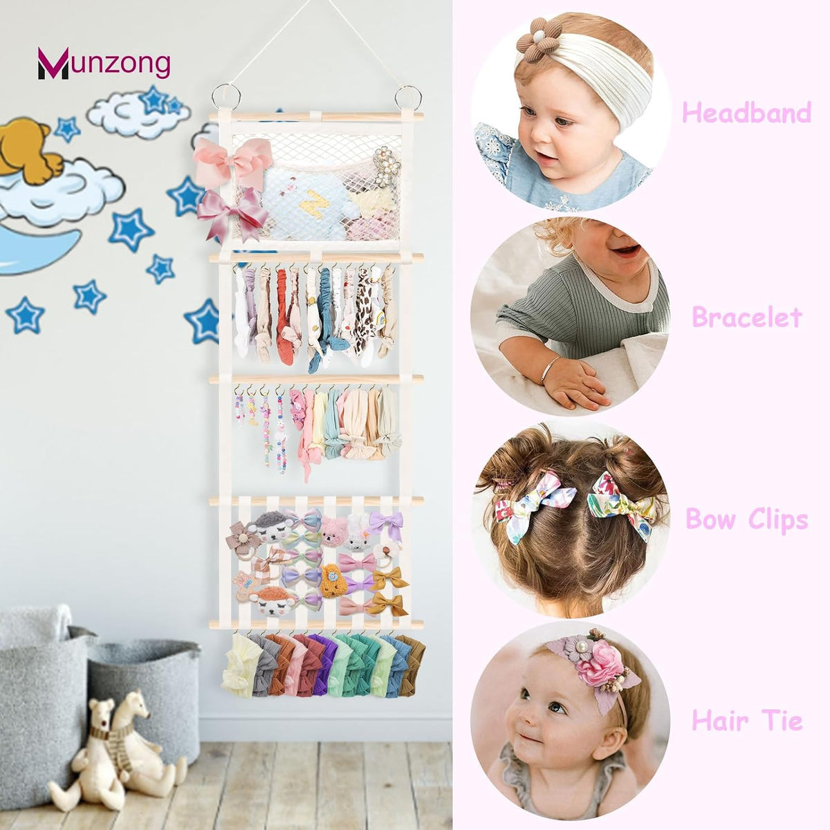 Bow Holder for Girls Hair Bows 52x17 inch, Beige Bow Clip Organizer