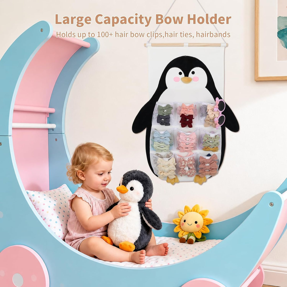 Bow Holder for Girls Hair Bows 52x17 inch, Beige Bow Clip Organizer