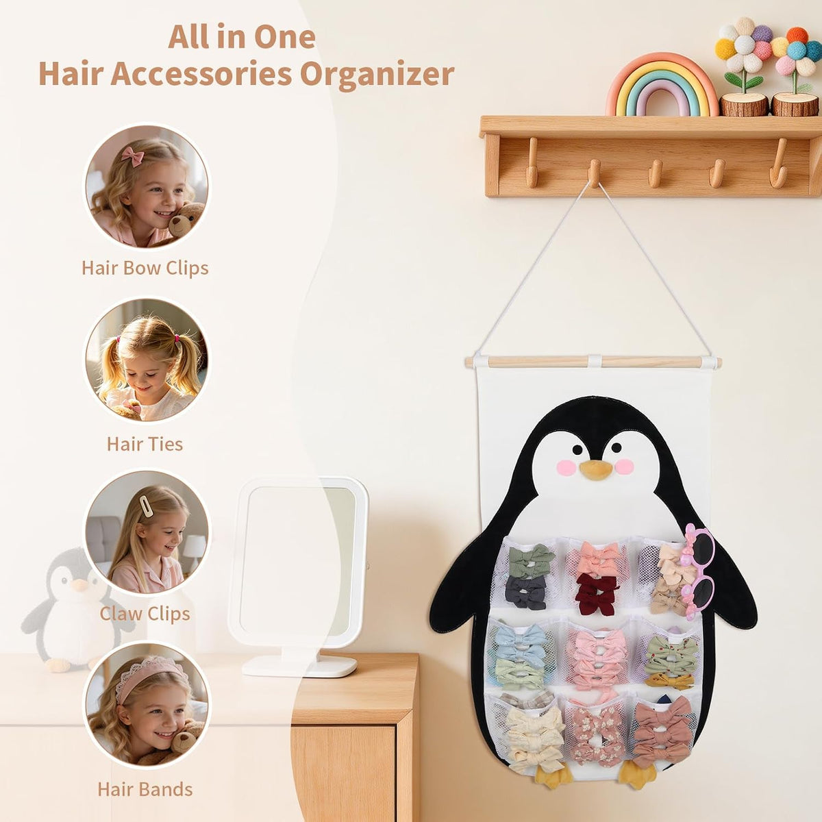 Bow Holder for Girls Hair Bows 52x17 inch, Beige Bow Clip Organizer