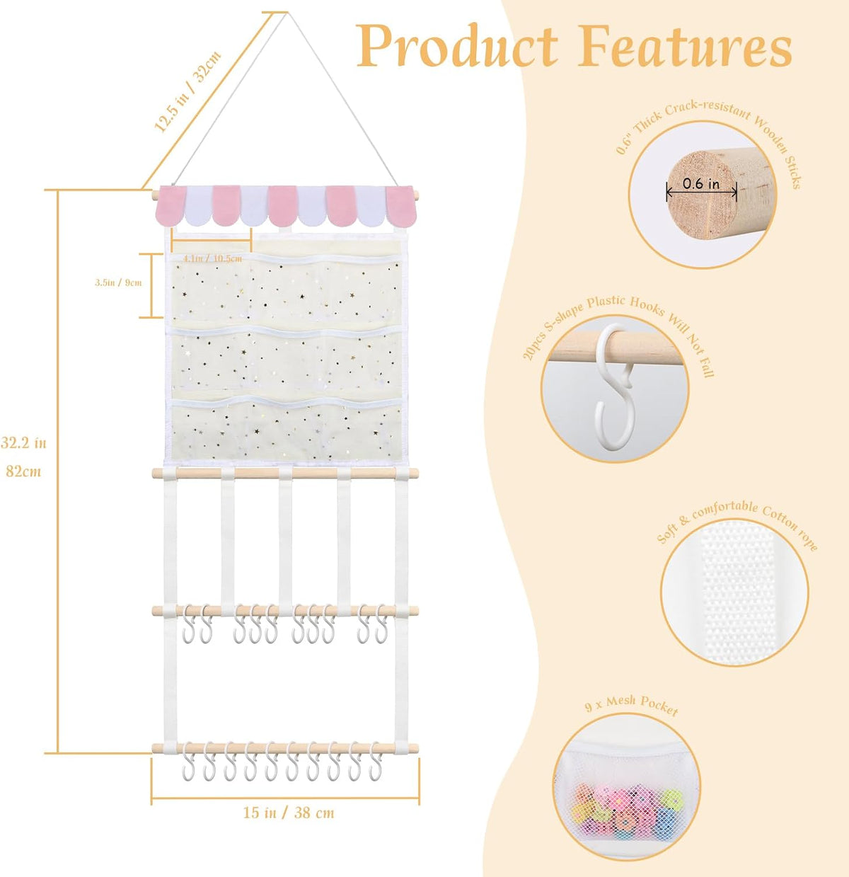 Bow Holder for Girls Hair Bows 52x17 inch, Beige Bow Clip Organizer