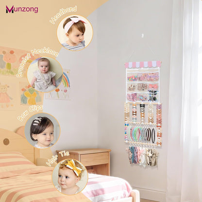 Bow Holder for Girls Hair Bows 52x17 inch, Beige Bow Clip Organizer