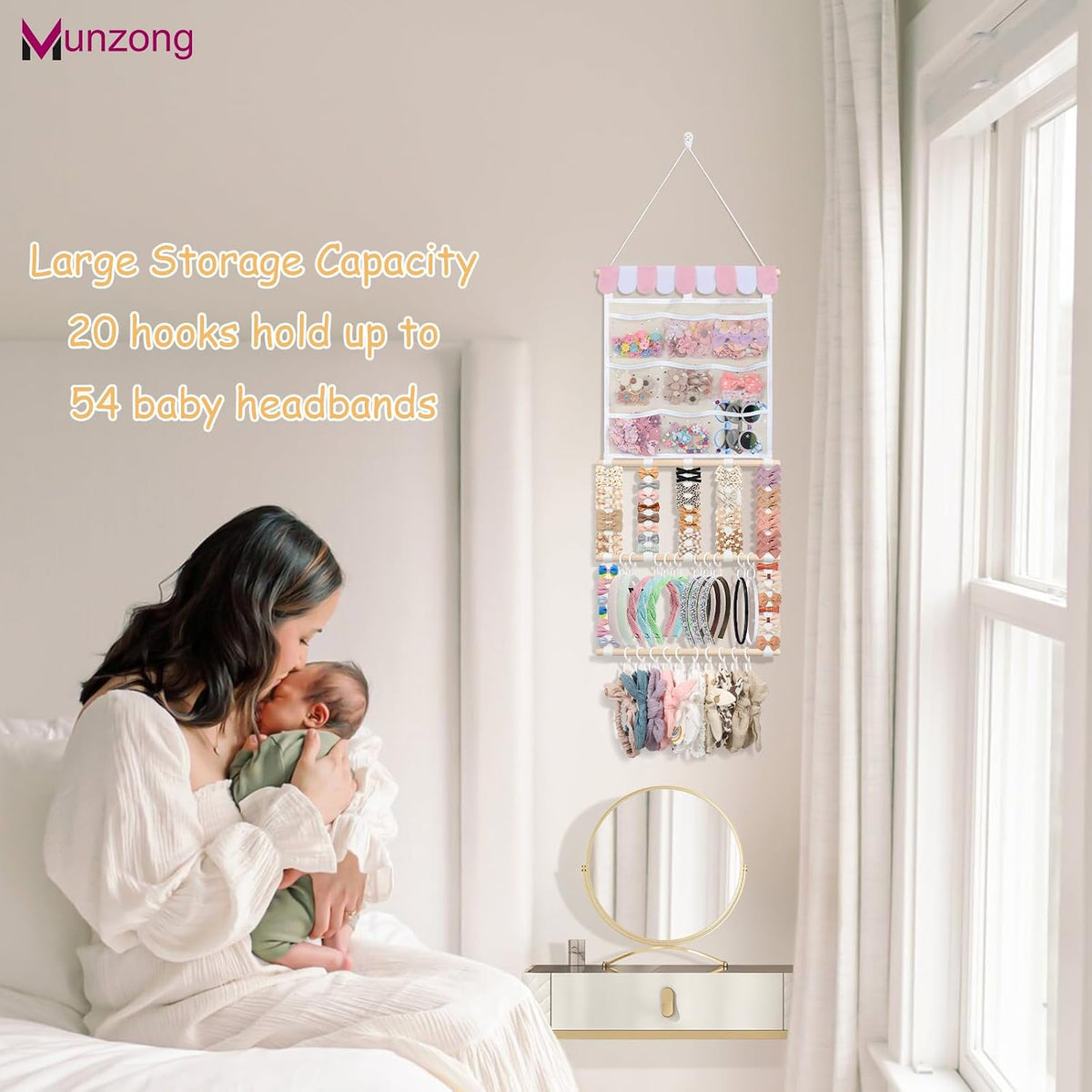 Bow Holder for Girls Hair Bows 52x17 inch, Beige Bow Clip Organizer
