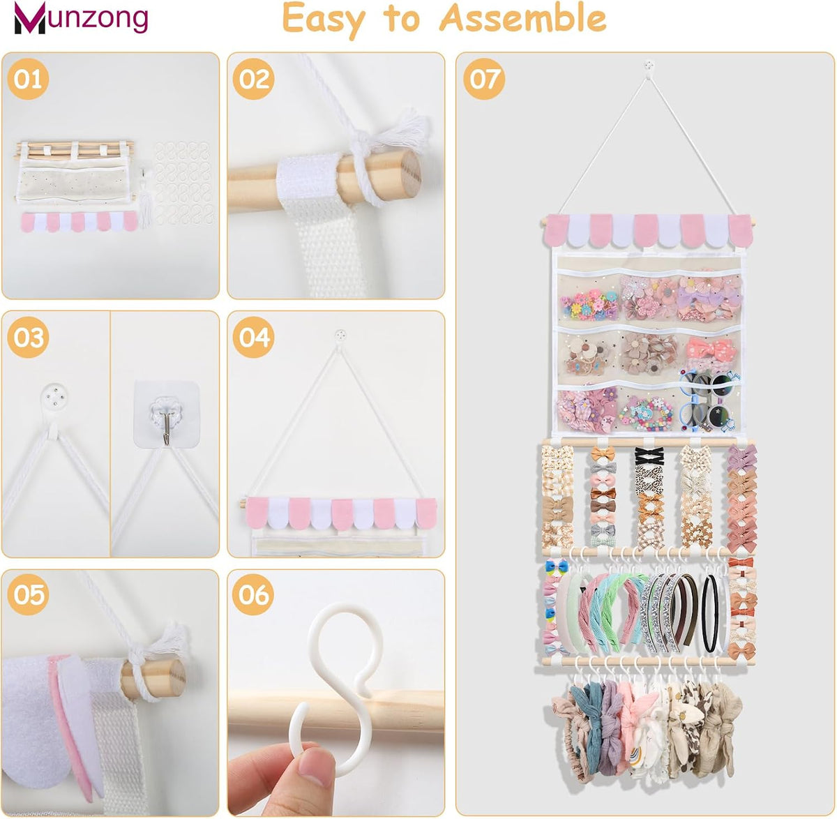 Bow Holder for Girls Hair Bows 52x17 inch, Beige Bow Clip Organizer