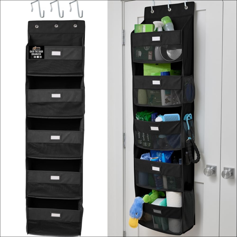 Over The Door Organizer Storage, 5 Deep Hanging Shelves, Holds 50lbs, Closet Organizers Shelf for Bedroom, Shoes, Bathroom, Nursery, Dorm Essentials, 3 Metal Hooks, 58x15 Inches, White