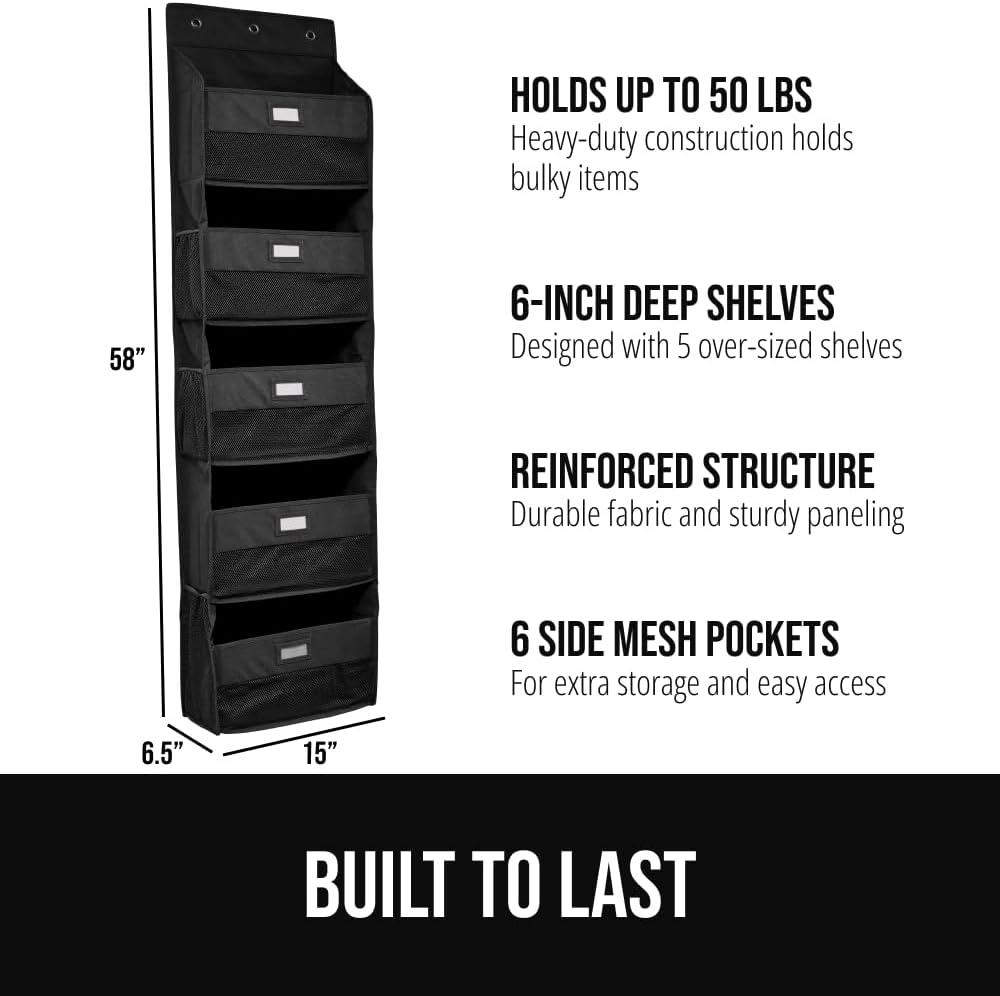 Over The Door Organizer Storage, 5 Deep Hanging Shelves, Holds 50lbs, Closet Organizers Shelf for Bedroom, Shoes, Bathroom, Nursery, Dorm Essentials, 3 Metal Hooks, 58x15 Inches, White
