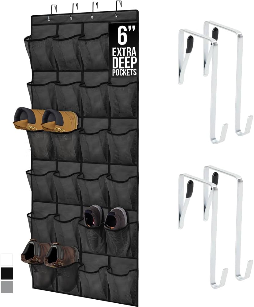 Over The Door Organizer Storage, 5 Deep Hanging Shelves, Holds 50lbs, Closet Organizers Shelf for Bedroom, Shoes, Bathroom, Nursery, Dorm Essentials, 3 Metal Hooks, 58x15 Inches, White