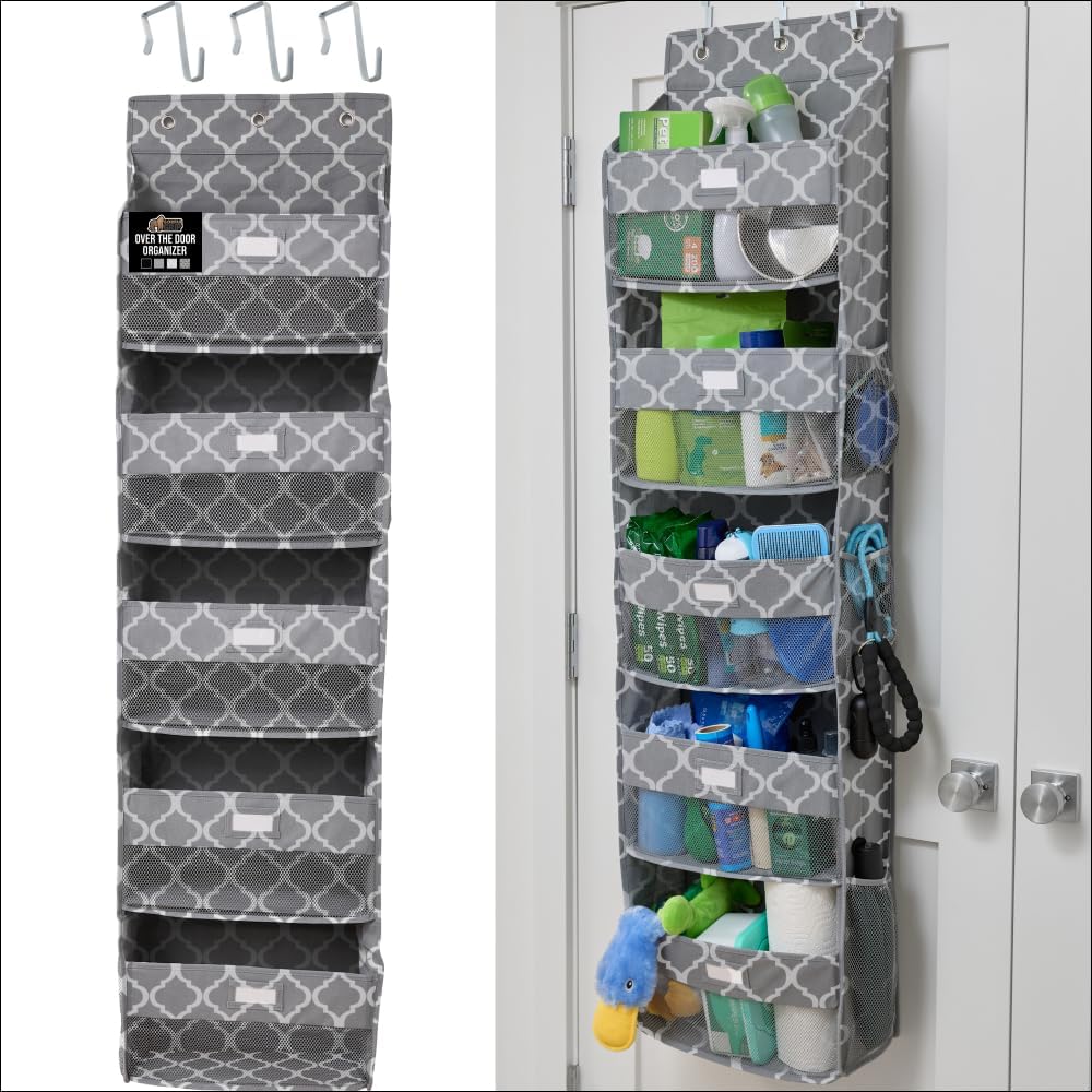 Over The Door Organizer Storage, 5 Deep Hanging Shelves, Holds 50lbs, Closet Organizers Shelf for Bedroom, Shoes, Bathroom, Nursery, Dorm Essentials, 3 Metal Hooks, 58x15 Inches, White