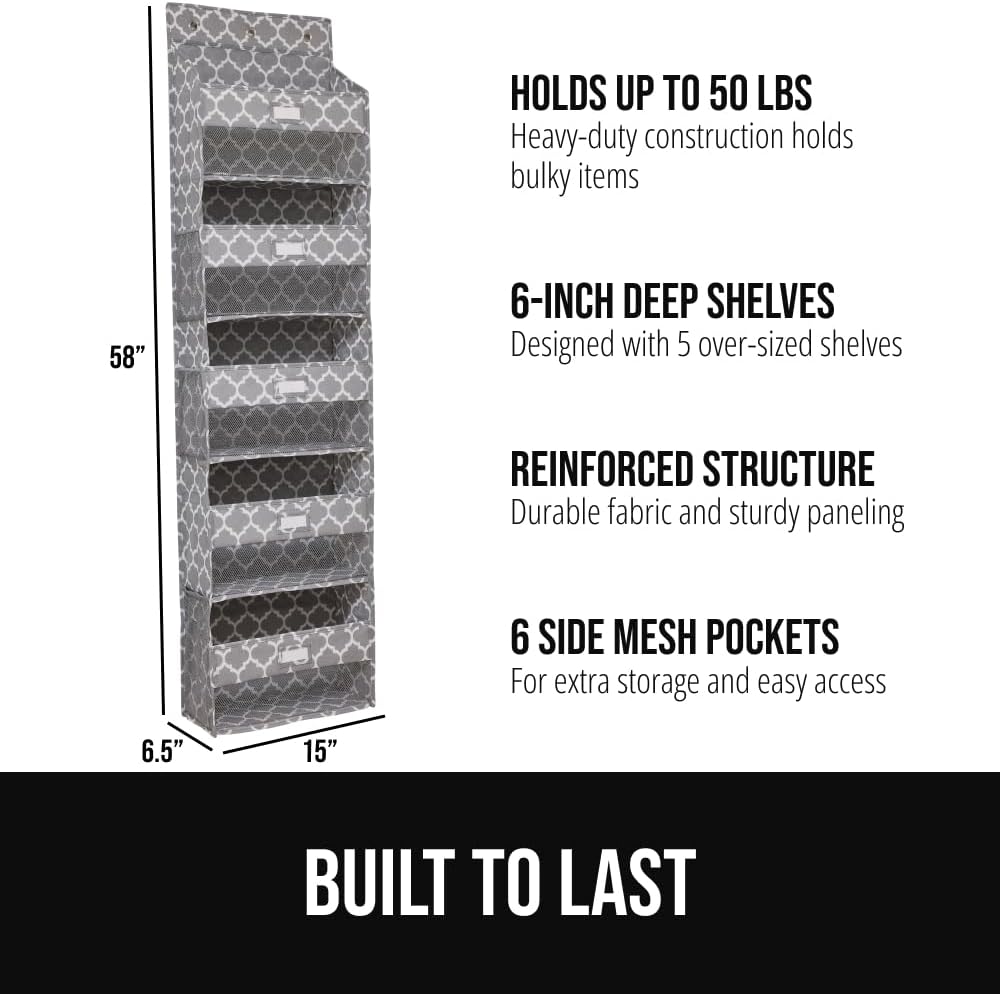 Over The Door Organizer Storage, 5 Deep Hanging Shelves, Holds 50lbs, Closet Organizers Shelf for Bedroom, Shoes, Bathroom, Nursery, Dorm Essentials, 3 Metal Hooks, 58x15 Inches, White