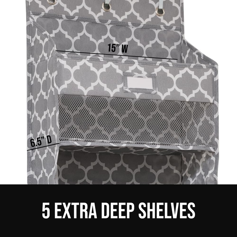 Over The Door Organizer Storage, 5 Deep Hanging Shelves, Holds 50lbs, Closet Organizers Shelf for Bedroom, Shoes, Bathroom, Nursery, Dorm Essentials, 3 Metal Hooks, 58x15 Inches, White