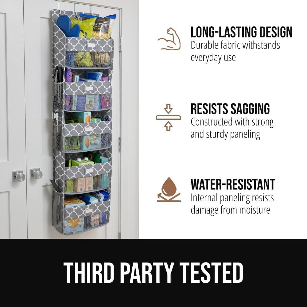 Over The Door Organizer Storage, 5 Deep Hanging Shelves, Holds 50lbs, Closet Organizers Shelf for Bedroom, Shoes, Bathroom, Nursery, Dorm Essentials, 3 Metal Hooks, 58x15 Inches, White