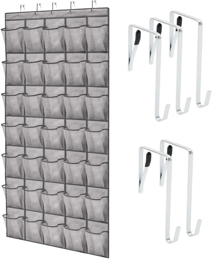 Over The Door Organizer Storage, 5 Deep Hanging Shelves, Holds 50lbs, Closet Organizers Shelf for Bedroom, Shoes, Bathroom, Nursery, Dorm Essentials, 3 Metal Hooks, 58x15 Inches, White