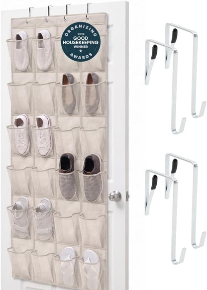 Over The Door Organizer Storage, 5 Deep Hanging Shelves, Holds 50lbs, Closet Organizers Shelf for Bedroom, Shoes, Bathroom, Nursery, Dorm Essentials, 3 Metal Hooks, 58x15 Inches, White