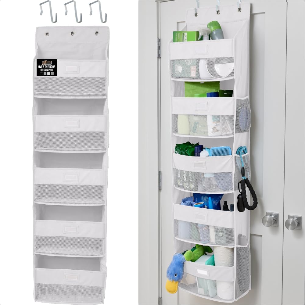 Over The Door Organizer Storage, 5 Deep Hanging Shelves, Holds 50lbs, Closet Organizers Shelf for Bedroom, Shoes, Bathroom, Nursery, Dorm Essentials, 3 Metal Hooks, 58x15 Inches, White