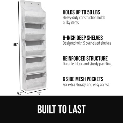 Over The Door Organizer Storage, 5 Deep Hanging Shelves, Holds 50lbs, Closet Organizers Shelf for Bedroom, Shoes, Bathroom, Nursery, Dorm Essentials, 3 Metal Hooks, 58x15 Inches, White
