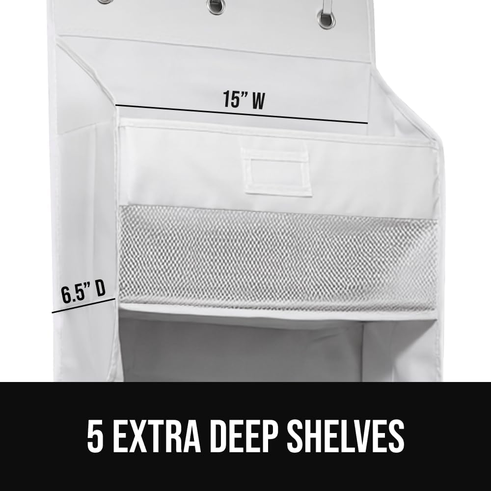 Over The Door Organizer Storage, 5 Deep Hanging Shelves, Holds 50lbs, Closet Organizers Shelf for Bedroom, Shoes, Bathroom, Nursery, Dorm Essentials, 3 Metal Hooks, 58x15 Inches, White