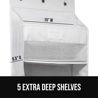 Over The Door Organizer Storage, 5 Deep Hanging Shelves, Holds 50lbs, Closet Organizers Shelf for Bedroom, Shoes, Bathroom, Nursery, Dorm Essentials, 3 Metal Hooks, 58x15 Inches, White