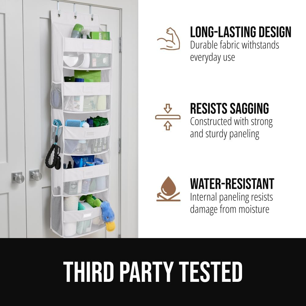 Over The Door Organizer Storage, 5 Deep Hanging Shelves, Holds 50lbs, Closet Organizers Shelf for Bedroom, Shoes, Bathroom, Nursery, Dorm Essentials, 3 Metal Hooks, 58x15 Inches, White