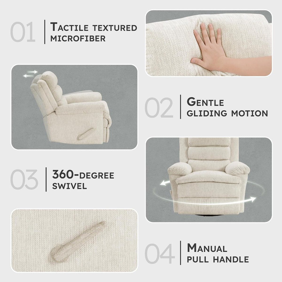 Swivel Glider Reclining Chair, Textured Microfiber Manual Recliner, Comfy Nursery Glider Recliner, Swivel Reclining Chair for Living Room/Office/Bedroom/Apartment, Beige
