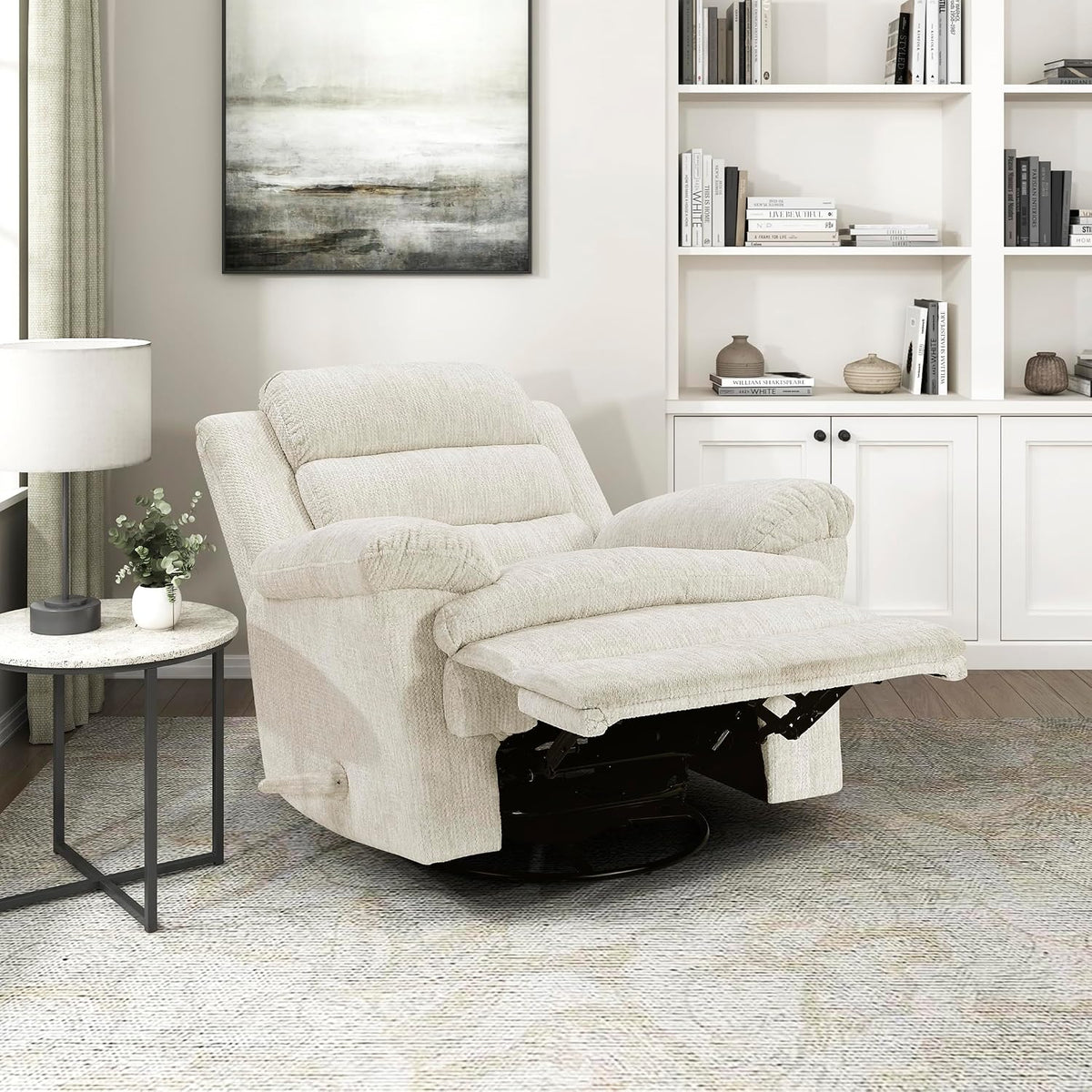 Swivel Glider Reclining Chair, Textured Microfiber Manual Recliner, Comfy Nursery Glider Recliner, Swivel Reclining Chair for Living Room/Office/Bedroom/Apartment, Beige