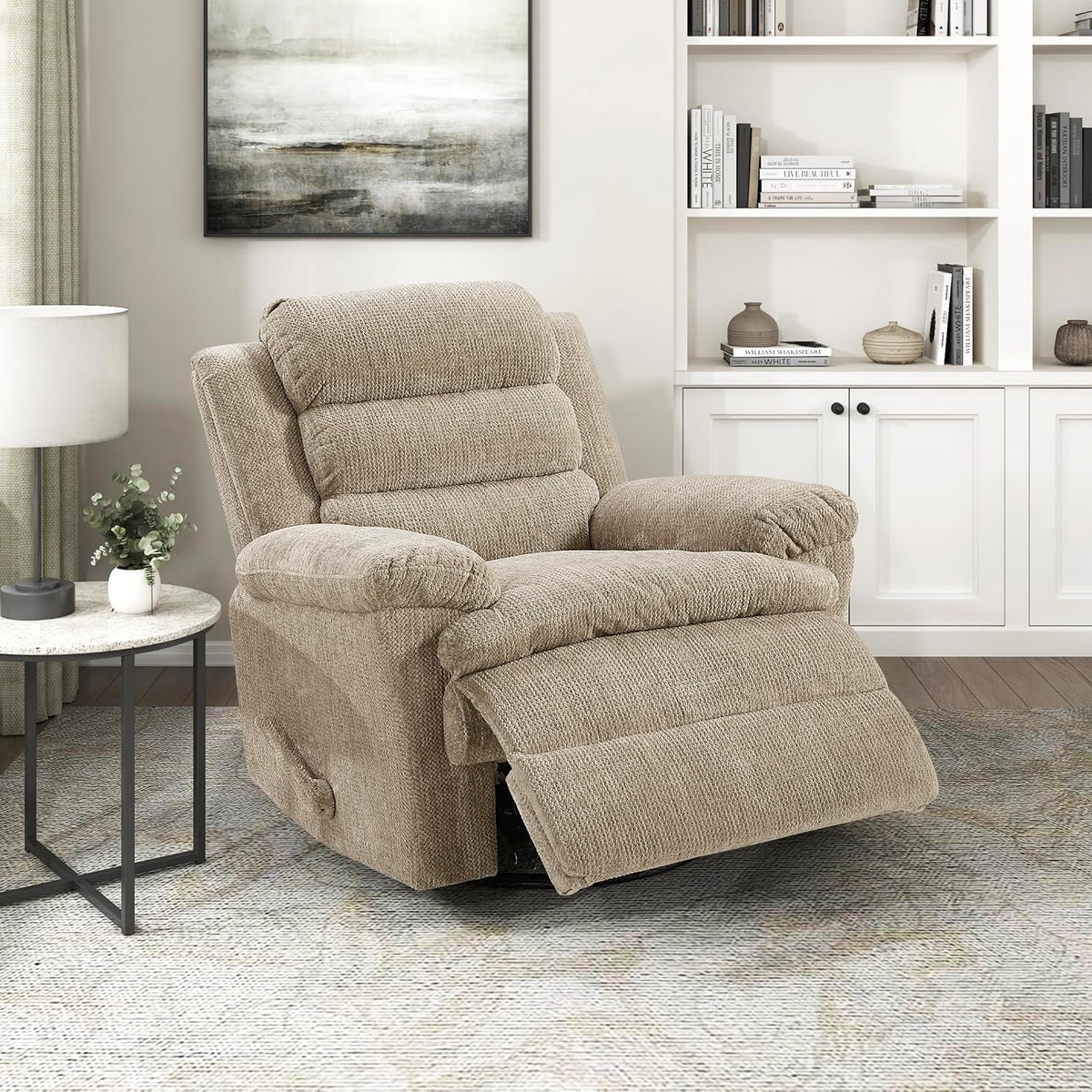 Swivel Glider Reclining Chair, Textured Microfiber Manual Recliner, Comfy Nursery Glider Recliner, Swivel Reclining Chair for Living Room/Office/Bedroom/Apartment, Beige