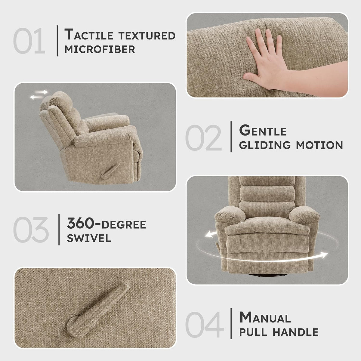 Swivel Glider Reclining Chair, Textured Microfiber Manual Recliner, Comfy Nursery Glider Recliner, Swivel Reclining Chair for Living Room/Office/Bedroom/Apartment, Beige
