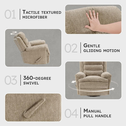 Swivel Glider Reclining Chair, Textured Microfiber Manual Recliner, Comfy Nursery Glider Recliner, Swivel Reclining Chair for Living Room/Office/Bedroom/Apartment, Beige