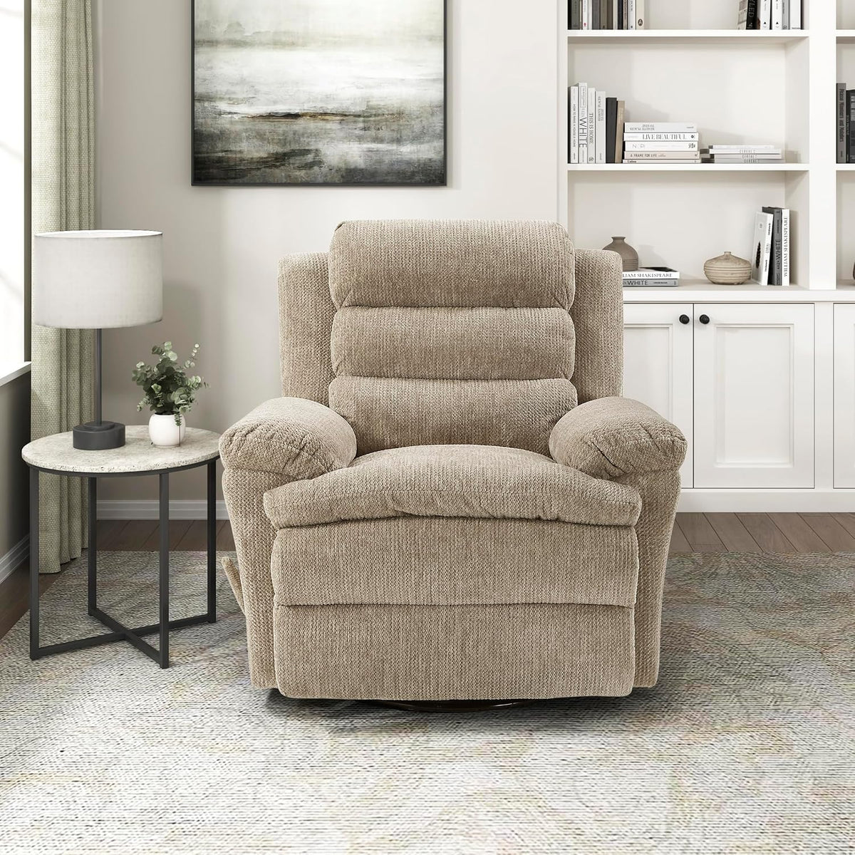 Swivel Glider Reclining Chair, Textured Microfiber Manual Recliner, Comfy Nursery Glider Recliner, Swivel Reclining Chair for Living Room/Office/Bedroom/Apartment, Beige