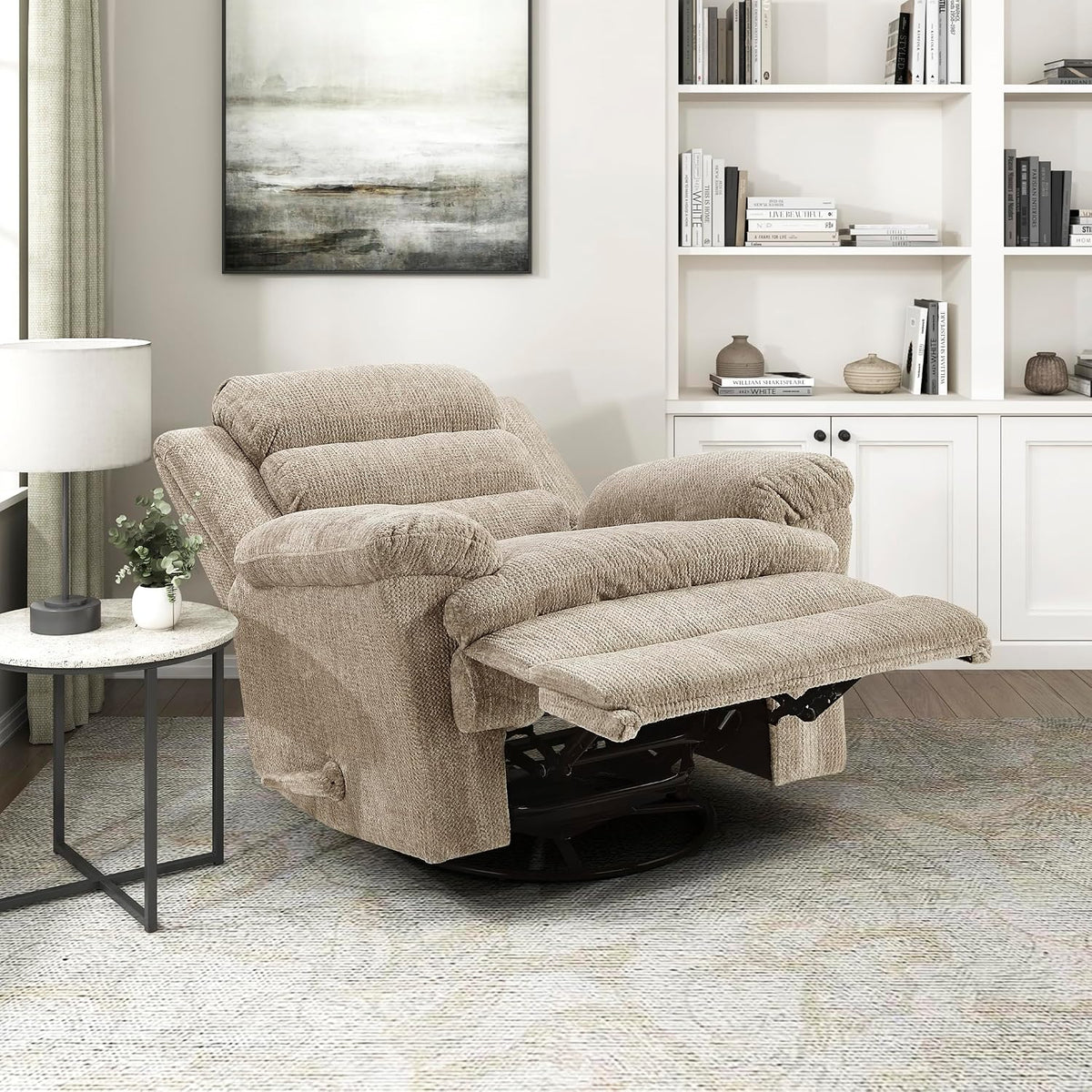 Swivel Glider Reclining Chair, Textured Microfiber Manual Recliner, Comfy Nursery Glider Recliner, Swivel Reclining Chair for Living Room/Office/Bedroom/Apartment, Beige