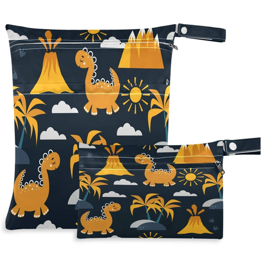 Yellow Dinosaurs Volcano and Palm Tree 2Pcs Wet Bag with Zippered Pockets Washable Reusable Roomy for Travel,Beach,Pool,Daycare,Stroller,Diapers,Dirty Gym Clothes, Wet Swimsuits, Toiletries
