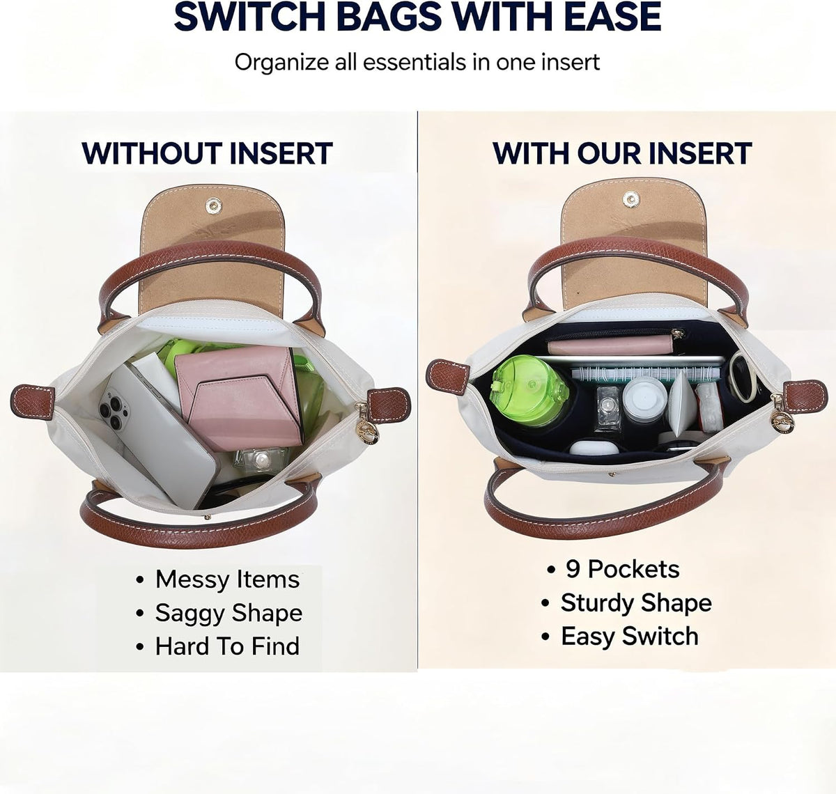 Purse Organizer Insert for Longchamp Le Pliage, Tote Bag Organizer