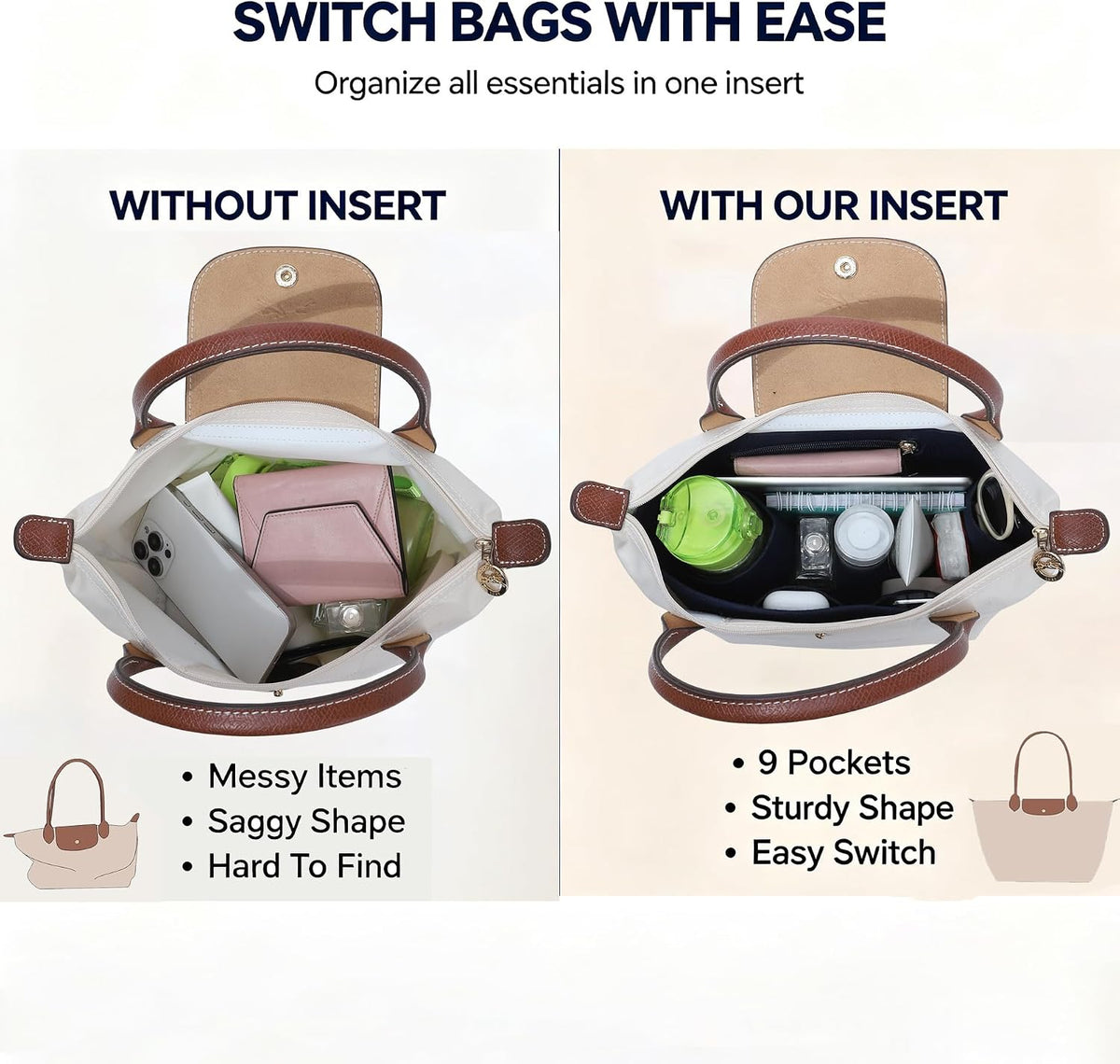 Purse Organizer Insert for Longchamp Le Pliage, Tote Bag Organizer