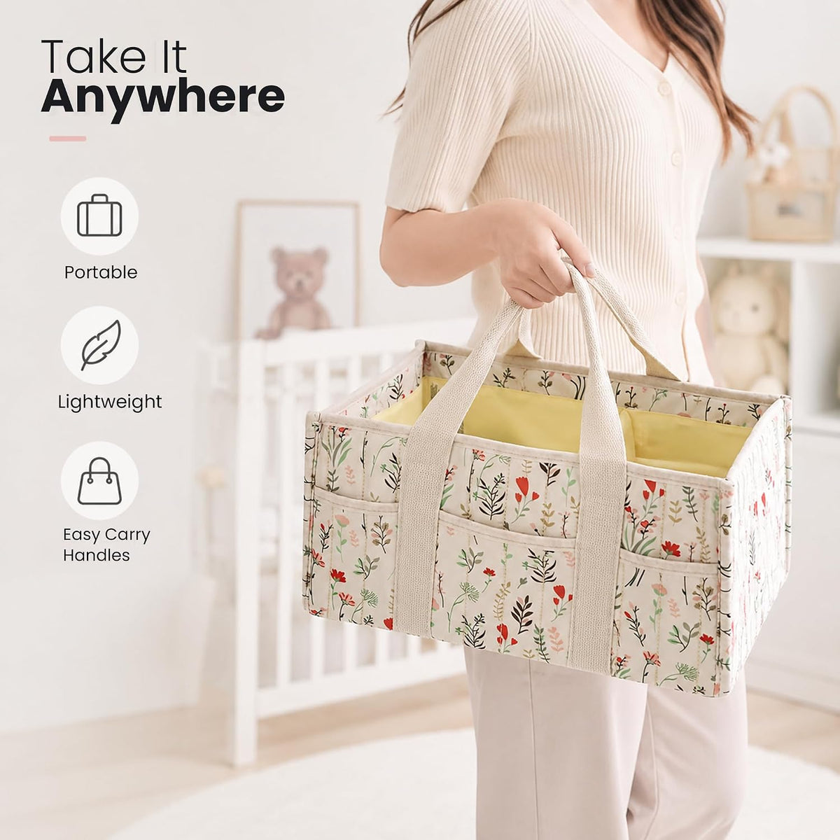 Diaper Caddy Organizer with Handles & Removable Dividers - Portable Nursery