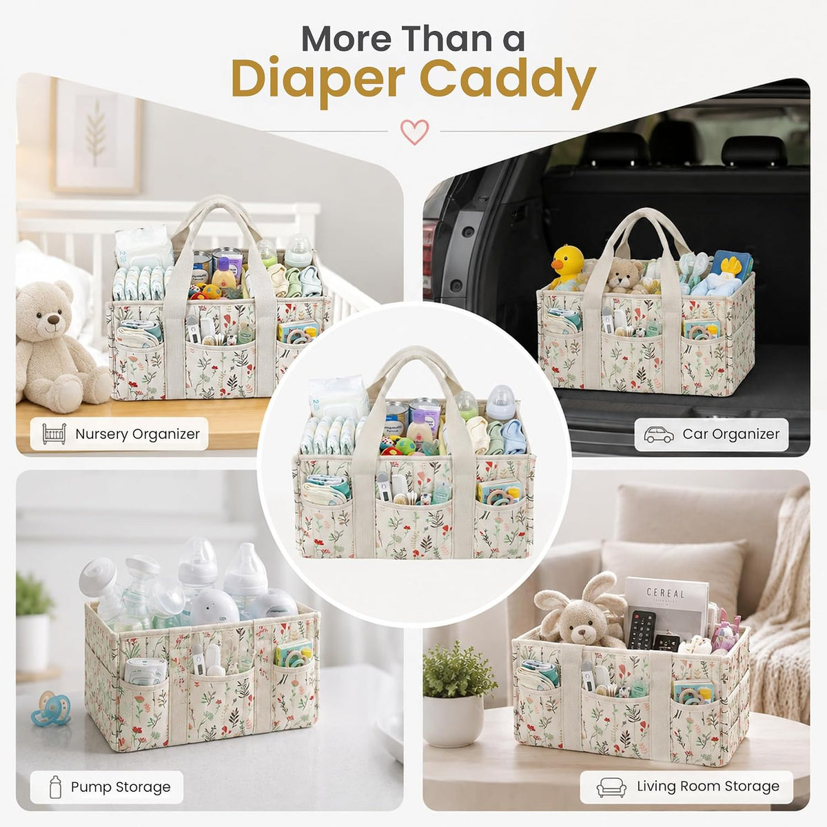 Diaper Caddy Organizer with Handles & Removable Dividers - Portable Nursery