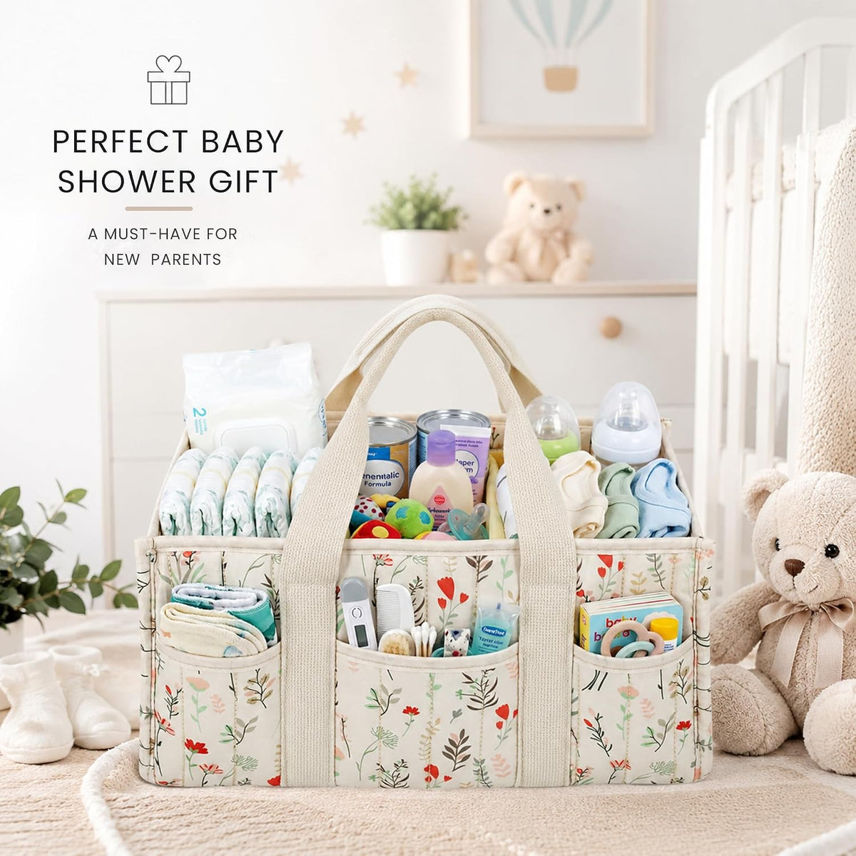 Diaper Caddy Organizer with Handles & Removable Dividers - Portable Nursery