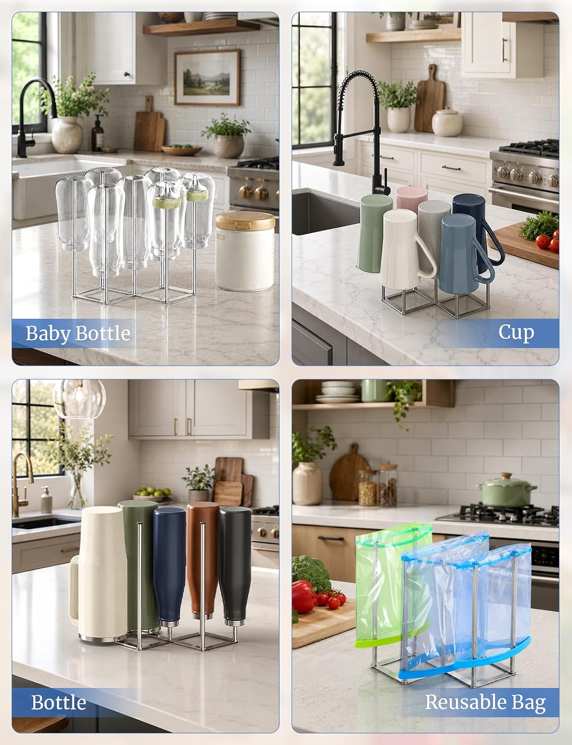Foldable Bottle Drying Rack, Baby Bottle Drying Rack, Collapsible Cup Draining Holder, Retractable Reusable Stainless Steels Storage Bag Dryer with Non-Slip Bottom