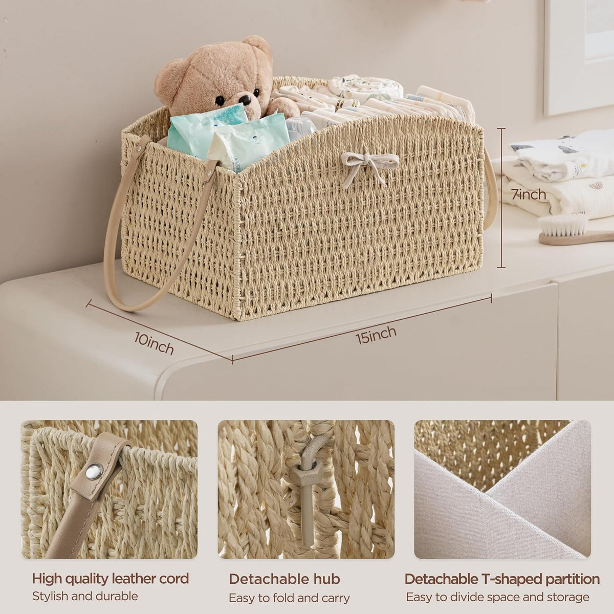 Diaper Caddy Organizer Detachable Portable Hand-Woven Storage Basket