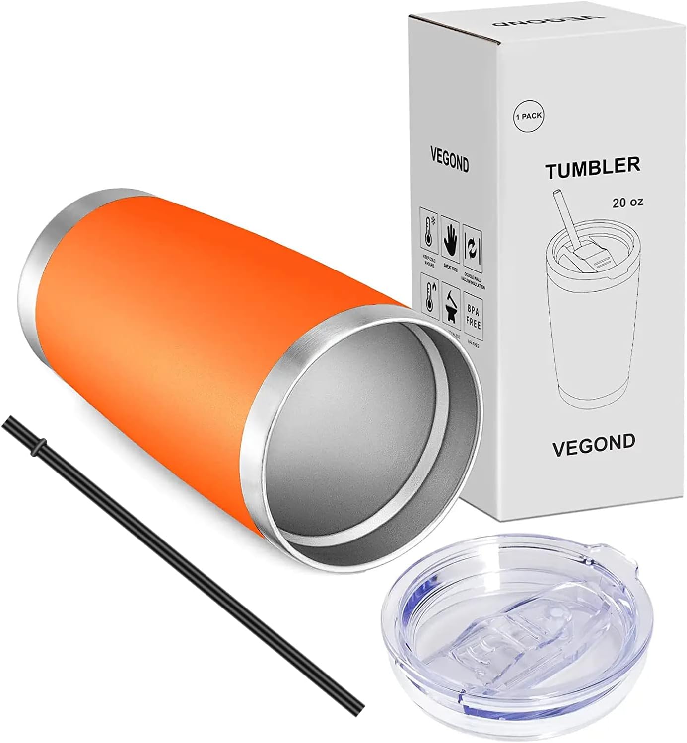 20oz Tumbler with Lid and Straw Stainless Steel Tumbler Cup Vacuum Insulated Double Wall Travel Coffee Mug Powder Coated Coffee Cup, Orange, 1 Pack