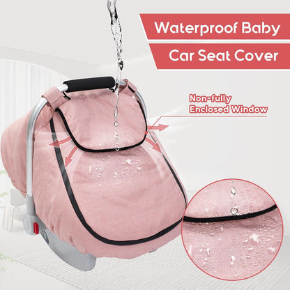 Winter Baby Car Seat Cover, Waterproof Carseat Cover with Zipper Peep Window, Warm Sherpa Fleece Lining, Universal Infant Car Seat Canopy Stroller Cover for Rain Snow Cold Weather (Pink)