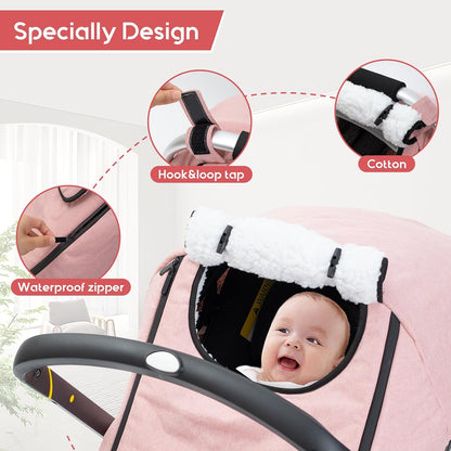 Winter Baby Car Seat Cover, Waterproof Carseat Cover with Zipper Peep Window, Warm Sherpa Fleece Lining, Universal Infant Car Seat Canopy Stroller Cover for Rain Snow Cold Weather (Pink)