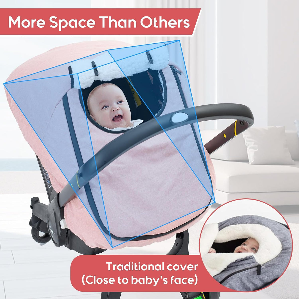 Winter Baby Car Seat Cover, Waterproof Carseat Cover with Zipper Peep Window, Warm Sherpa Fleece Lining, Universal Infant Car Seat Canopy Stroller Cover for Rain Snow Cold Weather (Pink)