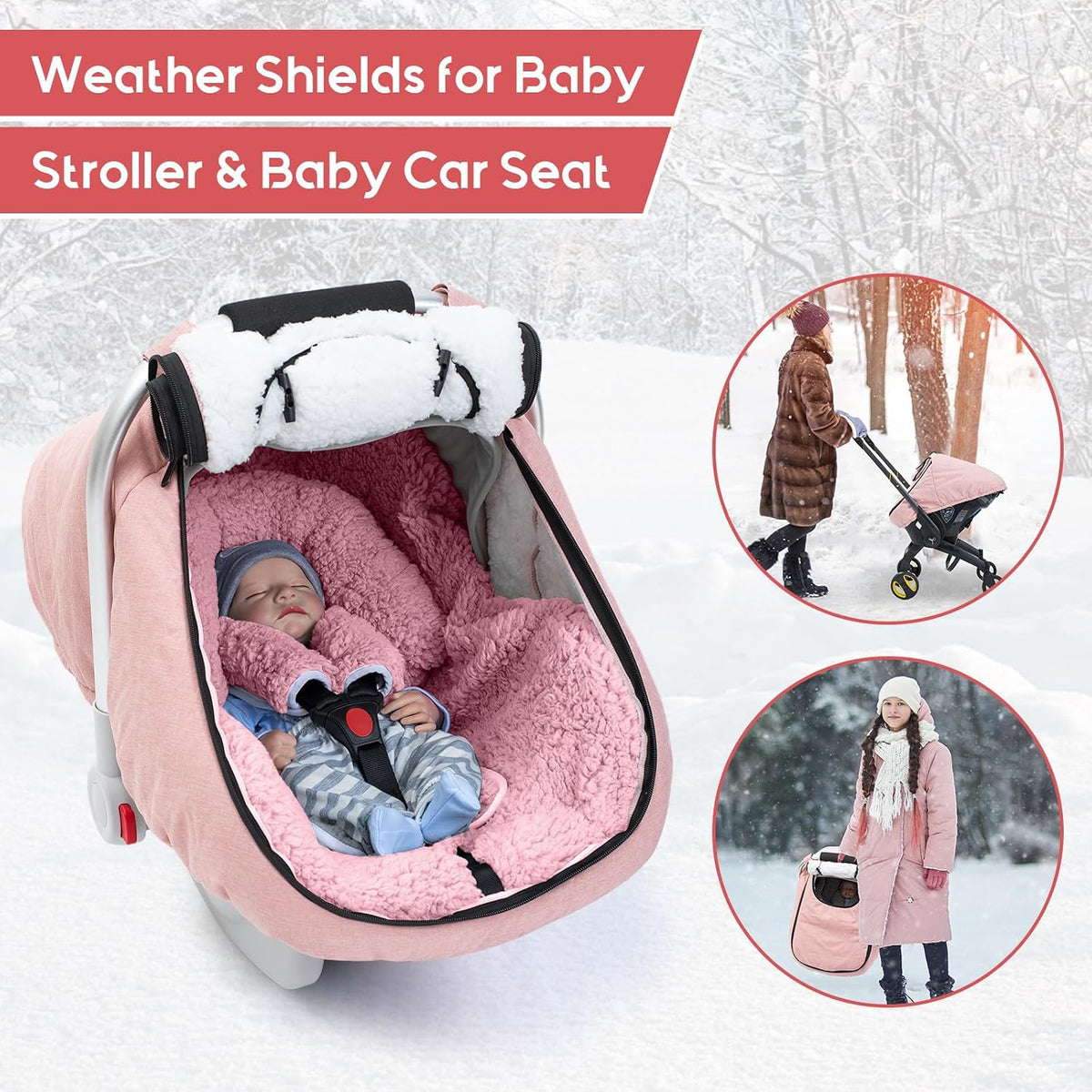 Winter Baby Car Seat Cover, Waterproof Carseat Cover with Zipper Peep Window, Warm Sherpa Fleece Lining, Universal Infant Car Seat Canopy Stroller Cover for Rain Snow Cold Weather (Pink)