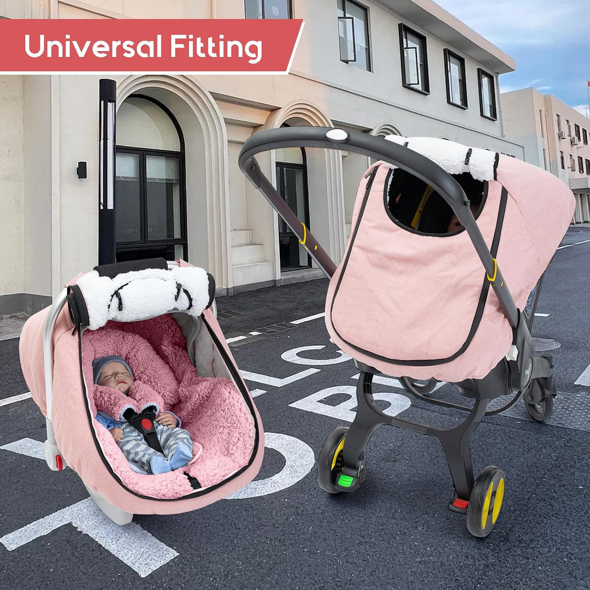 Winter Baby Car Seat Cover, Waterproof Carseat Cover with Zipper Peep Window, Warm Sherpa Fleece Lining, Universal Infant Car Seat Canopy Stroller Cover for Rain Snow Cold Weather (Pink)