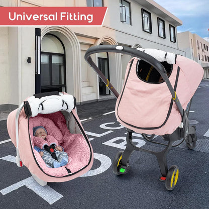 Winter Baby Car Seat Cover, Waterproof Carseat Cover with Zipper Peep Window, Warm Sherpa Fleece Lining, Universal Infant Car Seat Canopy Stroller Cover for Rain Snow Cold Weather (Pink)