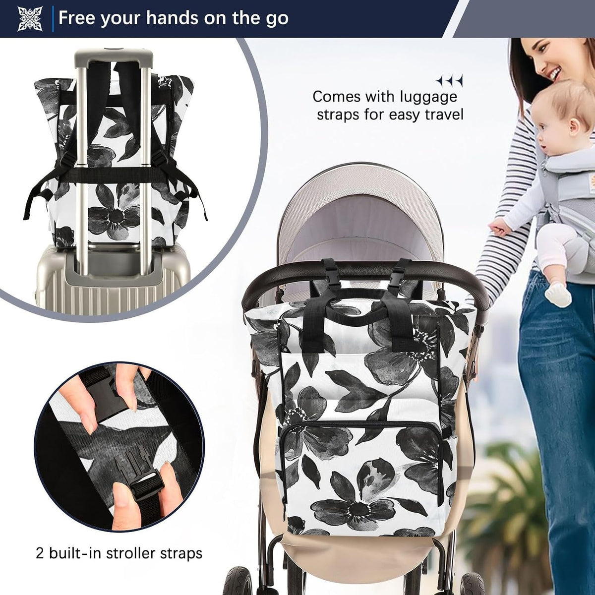 Diaper Bag Backpack, Multifunction Travel Bag for Moms Dads, Baby Changing Bag with Insulted Pockets, Stroller Straps and Side Bottle Pockets Ink Wash Floral Pattern