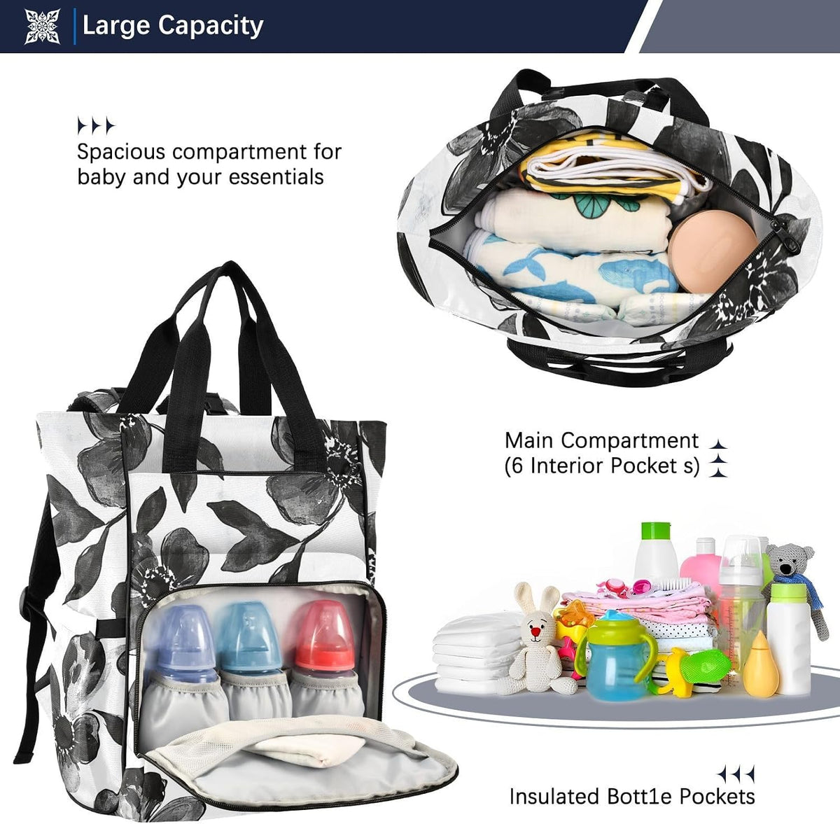 Diaper Bag Backpack, Multifunction Travel Bag for Moms Dads, Baby Changing Bag with Insulted Pockets, Stroller Straps and Side Bottle Pockets Ink Wash Floral Pattern