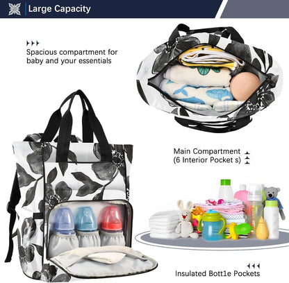 Diaper Bag Backpack, Multifunction Travel Bag for Moms Dads, Baby Changing Bag with Insulted Pockets, Stroller Straps and Side Bottle Pockets Ink Wash Floral Pattern