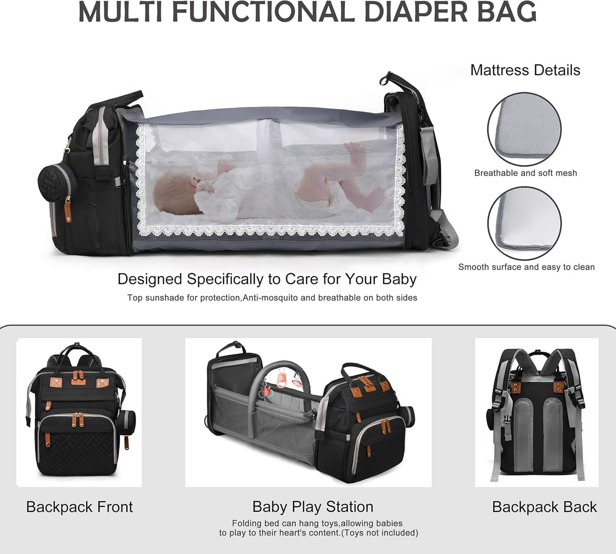 Diaper Bag Backpack with Changing Station, Waterproof for Travel, RGB