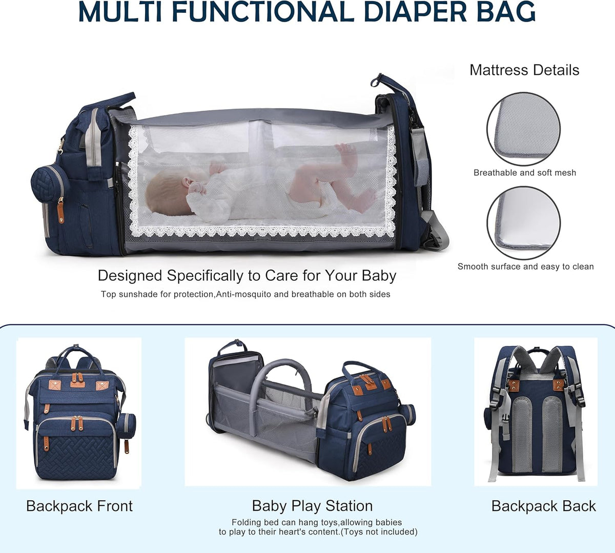 Diaper Bag Backpack with Changing Station, Waterproof for Travel, RGB