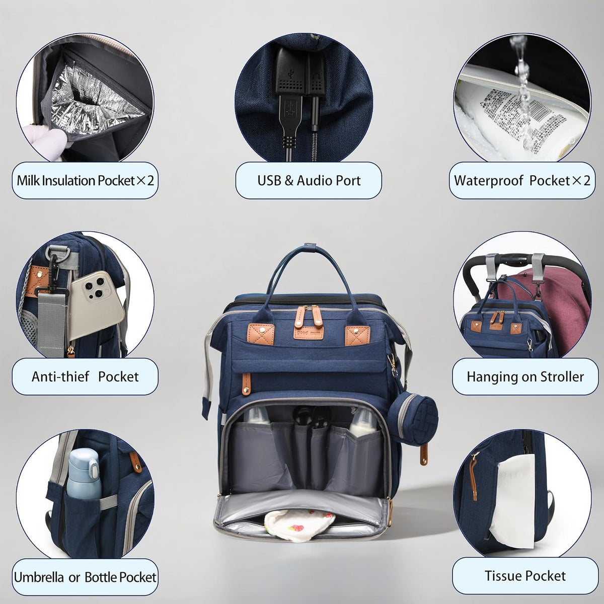 Diaper Bag Backpack with Changing Station, Waterproof for Travel, RGB