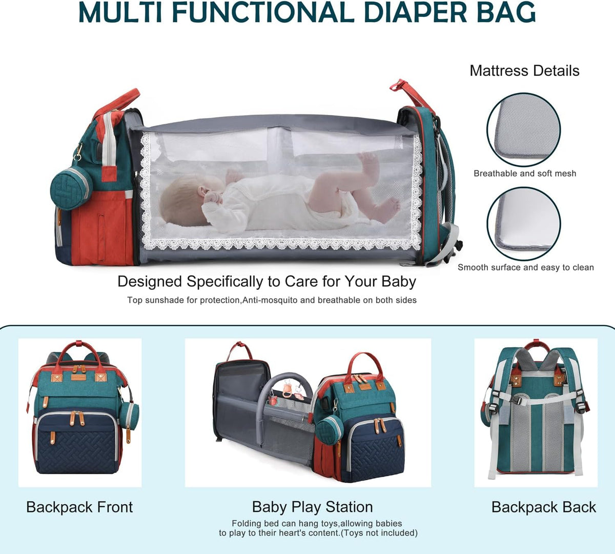 Diaper Bag Backpack with Changing Station, Waterproof for Travel, RGB